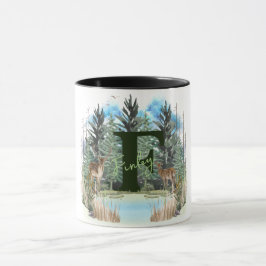 Caneca Letra F Monograma Personalizado de Veado em Aquare