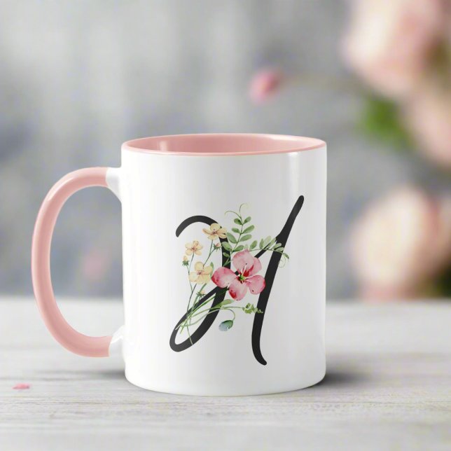 Caneca Letra Feminina em Preto com Script " H" Flores Ros (Criador carregado)