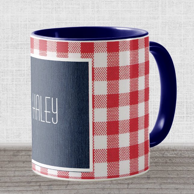 Caneca Letra fina Bebida Azul Denim Vermelho Branco Gingh (Criador carregado)