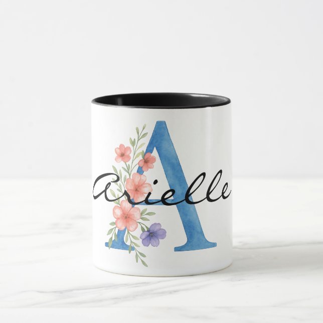 Caneca Letra floral A personalizada com aquarela monogram (Centro)