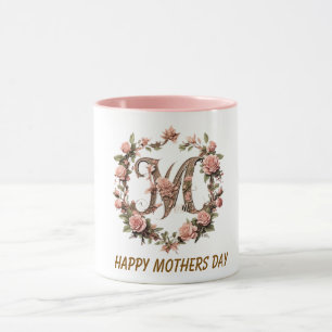 Caneca Letra floral M Rosa Dia de as mães Wreath