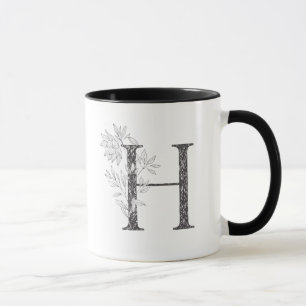 Caneca Letra H Floral Monogramas Black and White Mug