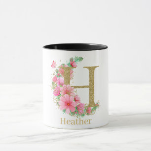 Caneca Letra H Monograma floral e Dourada com aquarela