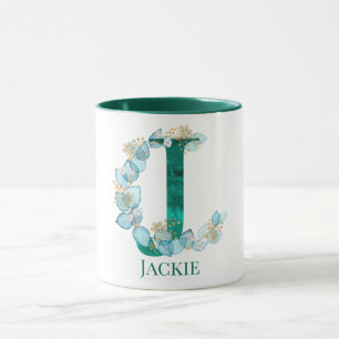 Caneca Letra J Monograma em Aquarela Azul Turquesa e Dour