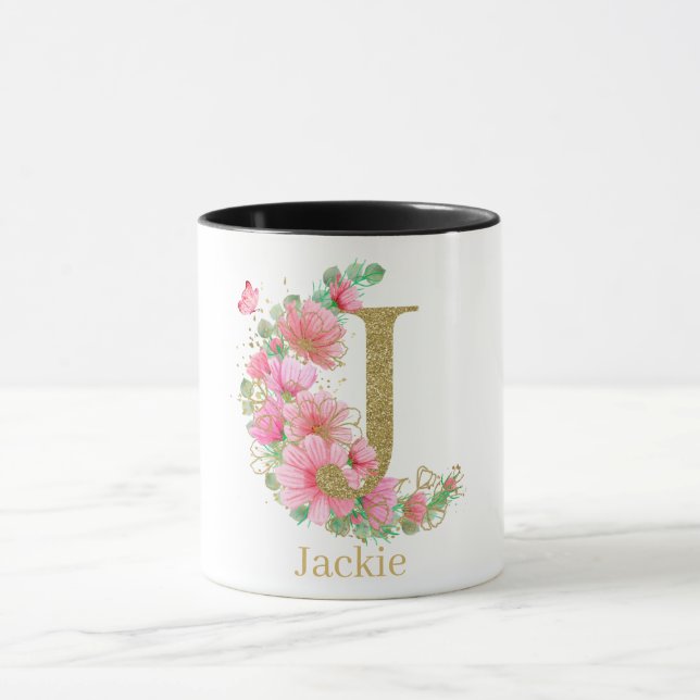 Caneca Letra J Monograma Floral e Dourada com Aquarela (Centro)