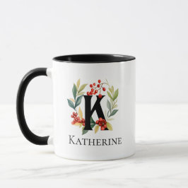 Caneca Letra K Monograma, Berry Wreath de Natal