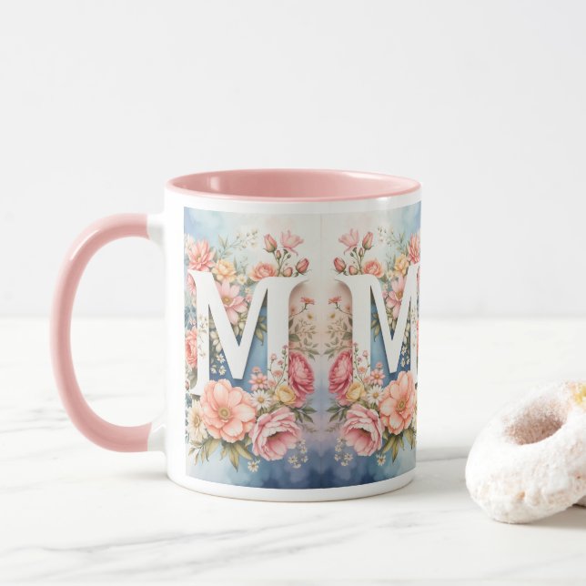 Caneca Letra M Monogramme Floral Élégant Vintage (Com Donut)