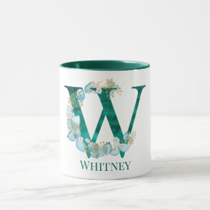 Caneca Letra Monograma em Aquarela Azul-Verde e Dourado W