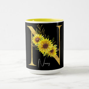 Caneca Letra N Monograma de Girassol Letra N Floral
