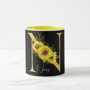 Caneca Letra N Monograma de Girassol Letra N Floral