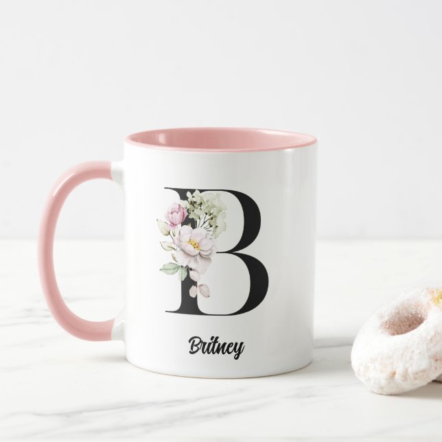 Caneca Letra Negra Monograma Flores de Aquarela (Com Donut)