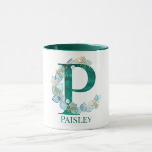 Caneca Letra P Monograma em Aquarela Azul Turquesa e Dour