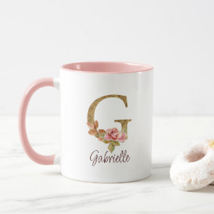 Caneca Letra Personalizada G Folha Dourada Rosas Rosa Des