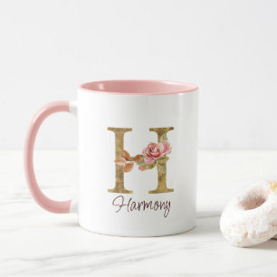 Caneca Letra Personalizada H Folha Dourada Rosas Rosa Des
