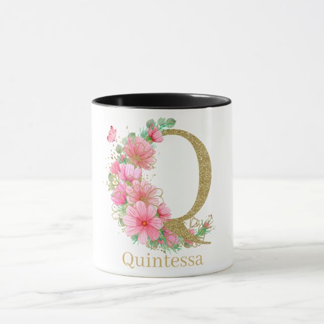 Caneca Letra Q Monograma Floral e Dourada com Aquarela (Centro)