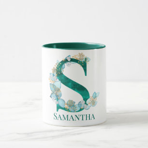 Caneca Letra S Monograma em Aquarela Azul Turquesa e Dour