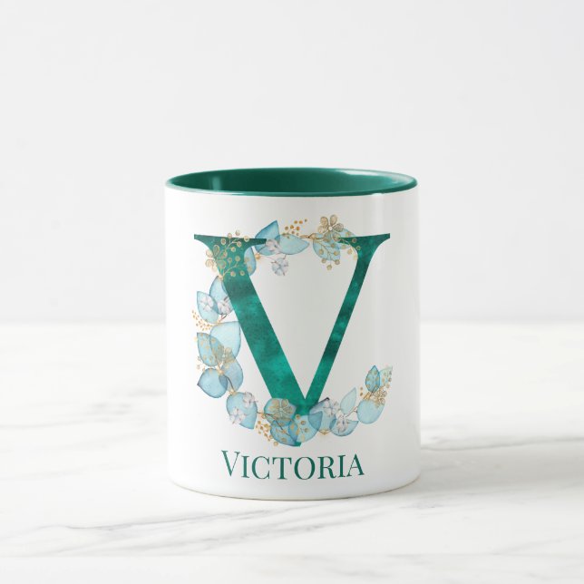 Caneca Letra V Monograma em Aquarela Azul Turquesa e Dour (Centro)