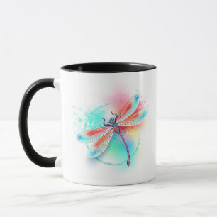 Caneca libélula vermelha sobre fundo de aquarela