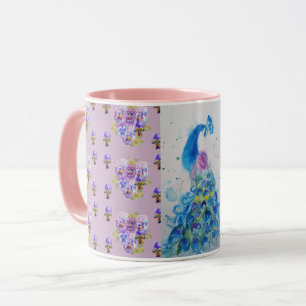 Caneca Lilac Blue Peacock Mauve Watercolor Pintage Mug