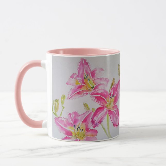 Caneca Lilium Floral Lilium, Flor, Rosa, Aquarela, Arco (Esquerda)
