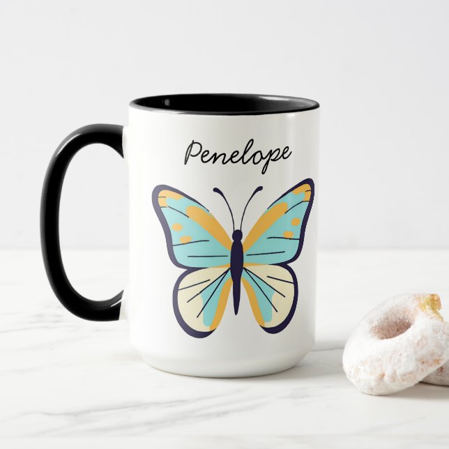 Caneca Linda Borboleta Azul • Nome Personalizável (Com Donut)