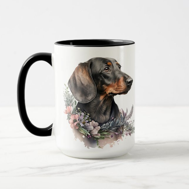 CANECA LINDA COR DA ÁGUA PRETA E TAN DACHSHUND DOG (Esquerda)