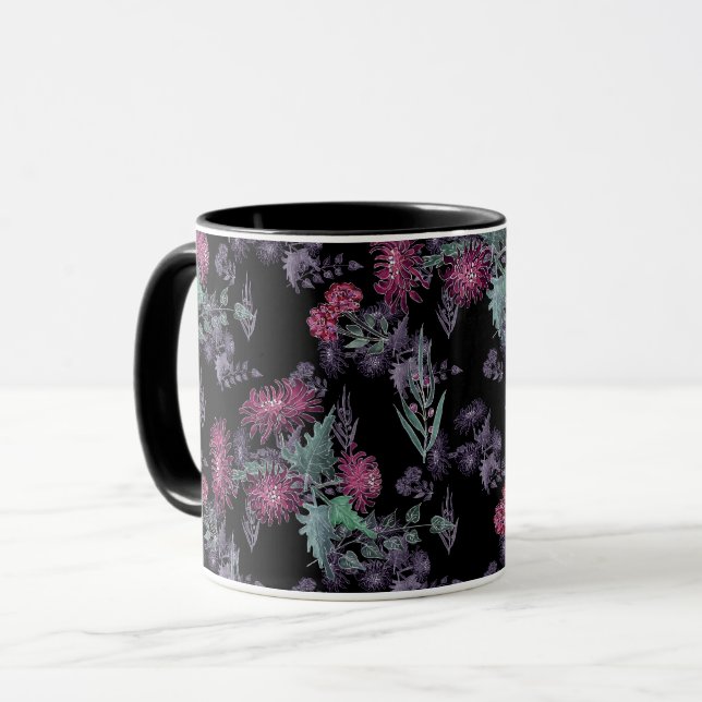Caneca Linda crisântema flores vermelhas cinza verde (Frente Esquerda)