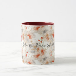 Caneca Linda Feminina Pêssego Vermelho Branco Floral