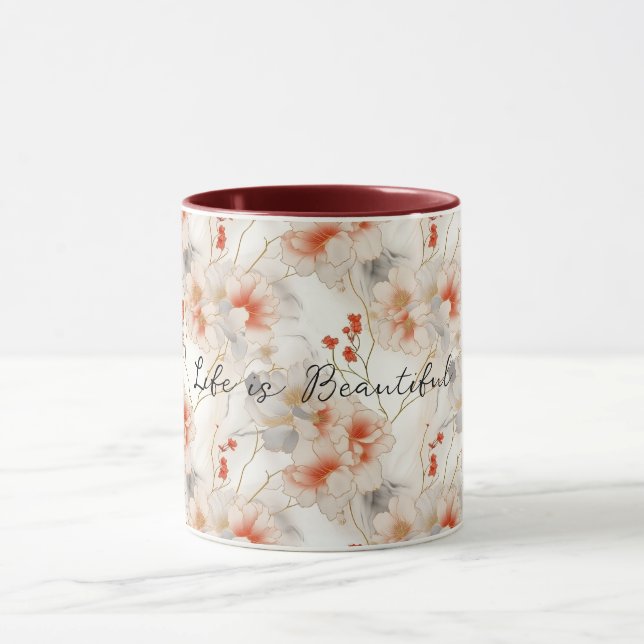 Caneca Linda Feminina Pêssego Vermelho Branco Floral (Centro)