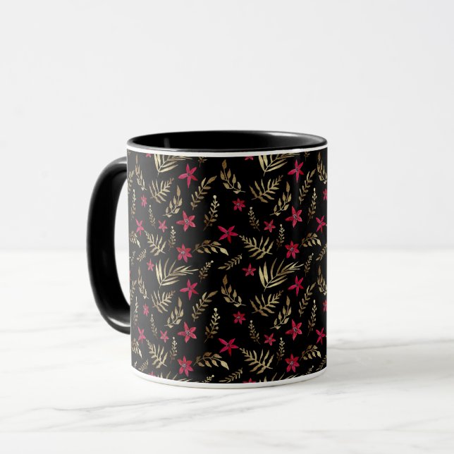 Caneca Linda flor vermelha ouro brilha preto (Frente Esquerda)