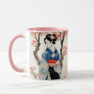 Caneca Linda garota japonesa com um gato preto