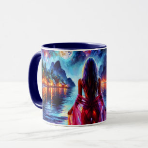 Caneca Linda garota observando a água noturna brilhante