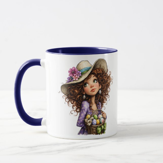 Caneca Linda Menina da Páscoa com Ovos Arte da Primavera (Esquerda)