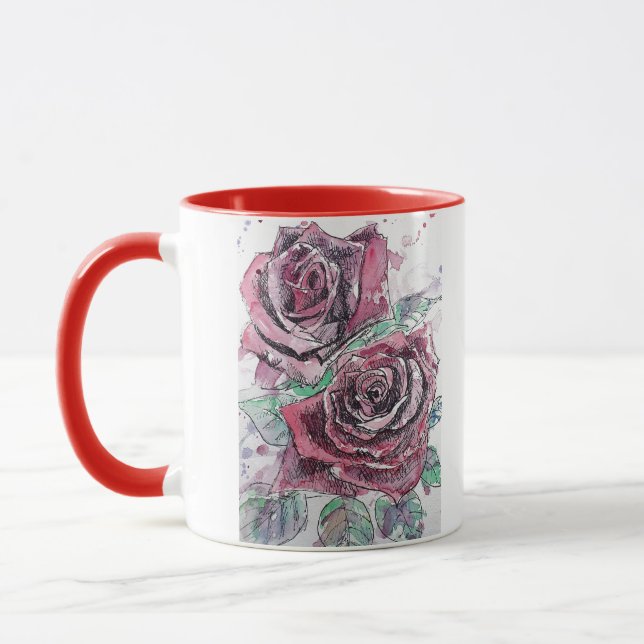 Caneca Linda pintura por aquarela Rosa vermelha (Esquerda)