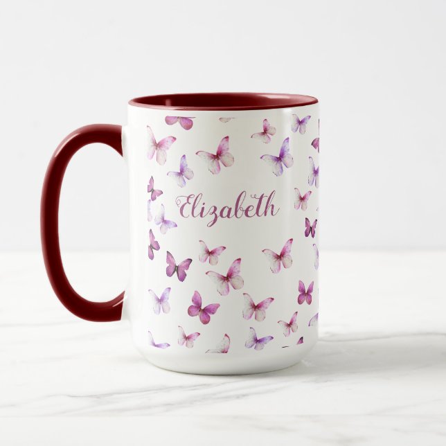 Caneca Lindas Borboletas Rosa Nome Personalizado Alça Col (Esquerda)