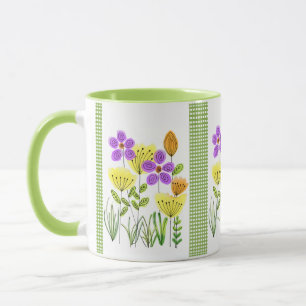 Caneca Lindas Flores Silvestres em Aquarela com Xadrez Ve