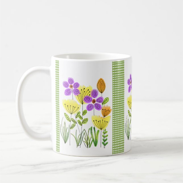 Caneca Lindas Flores Silvestres em Aquarela com Xadrez Ve (Esquerda)