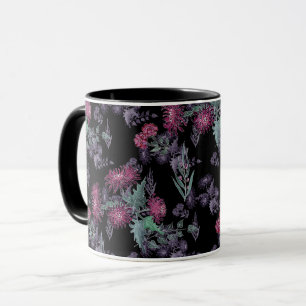 Caneca Lindas flores vermelhas do crisântemo cinza verde