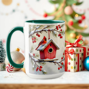 Caneca Lindo Cardinal de Natal e Galhos de Pinheiro