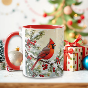 Caneca Lindo Cardinal de Natal e Galhos de Pinheiro