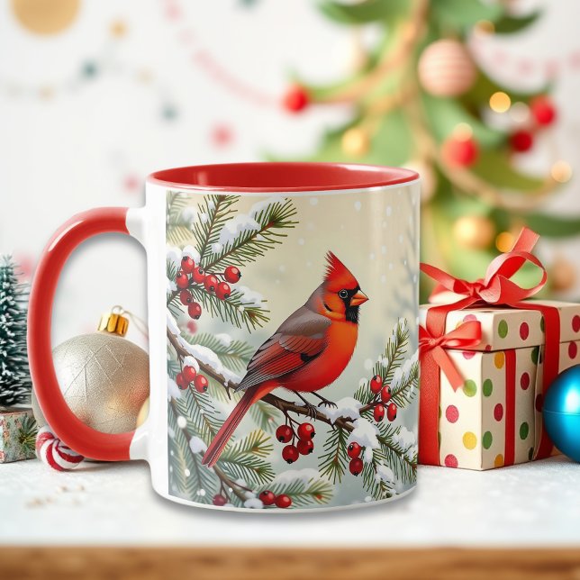 Caneca Lindo Cardinal de Natal e Galhos de Pinheiro (Criador carregado)