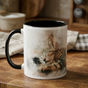Caneca Lindo e fofo gatinho dormindo aquarela