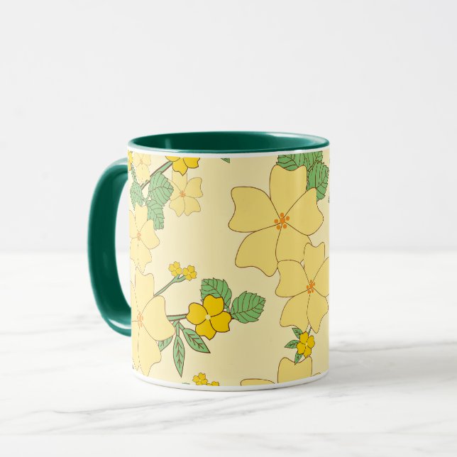 Caneca Lindo padrão floral amarelo pastel, (Frente Esquerda)