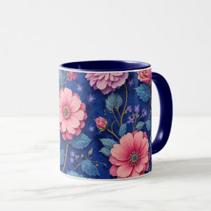 Caneca Lindo padrão floral rosa e azul