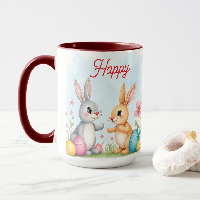 Caneca Lindos Coelhos de Páscoa Bonitos Coleção Moderna (Com Donut)