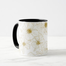 Caneca Linha de Flores Brancas Florais Chic Dourado