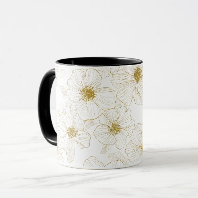 Caneca Linha de Flores Brancas Florais Chic Dourado (Frente Esquerda)