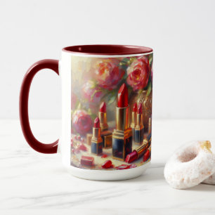 Caneca Lipstick e flores - pintura impressionista