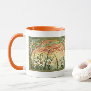 Caneca Lírios de Páscoa Antigos ao Nascer do Sol e Anjos