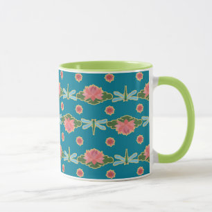 Caneca Lírios e Dragões de Água Rosa em Azul